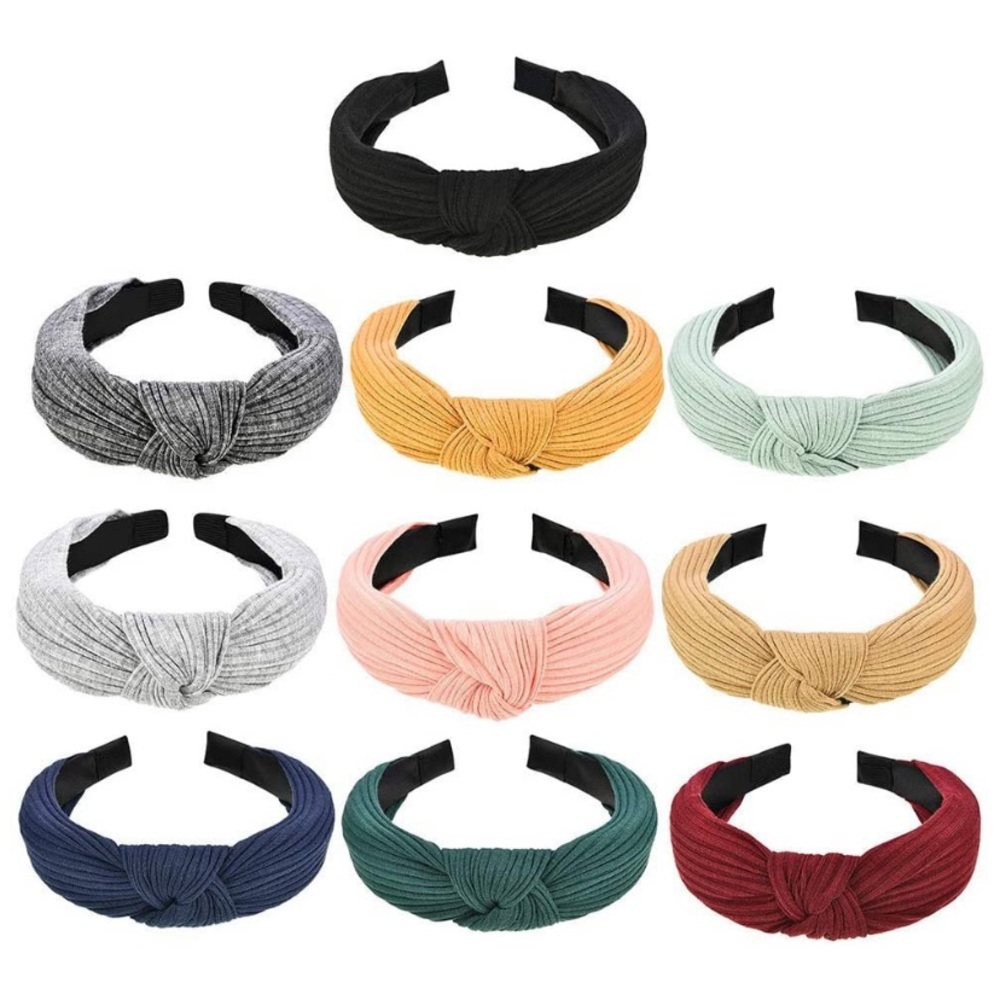 Pack of 10 knotted headbands various colors.